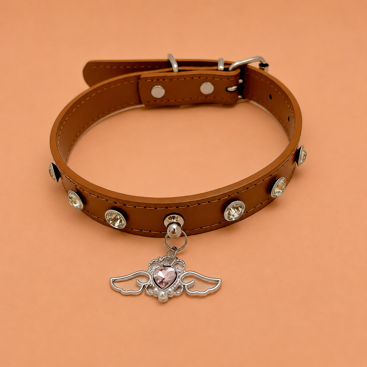 Angel Heart Rhinestone Dog Collar with Wing Charm